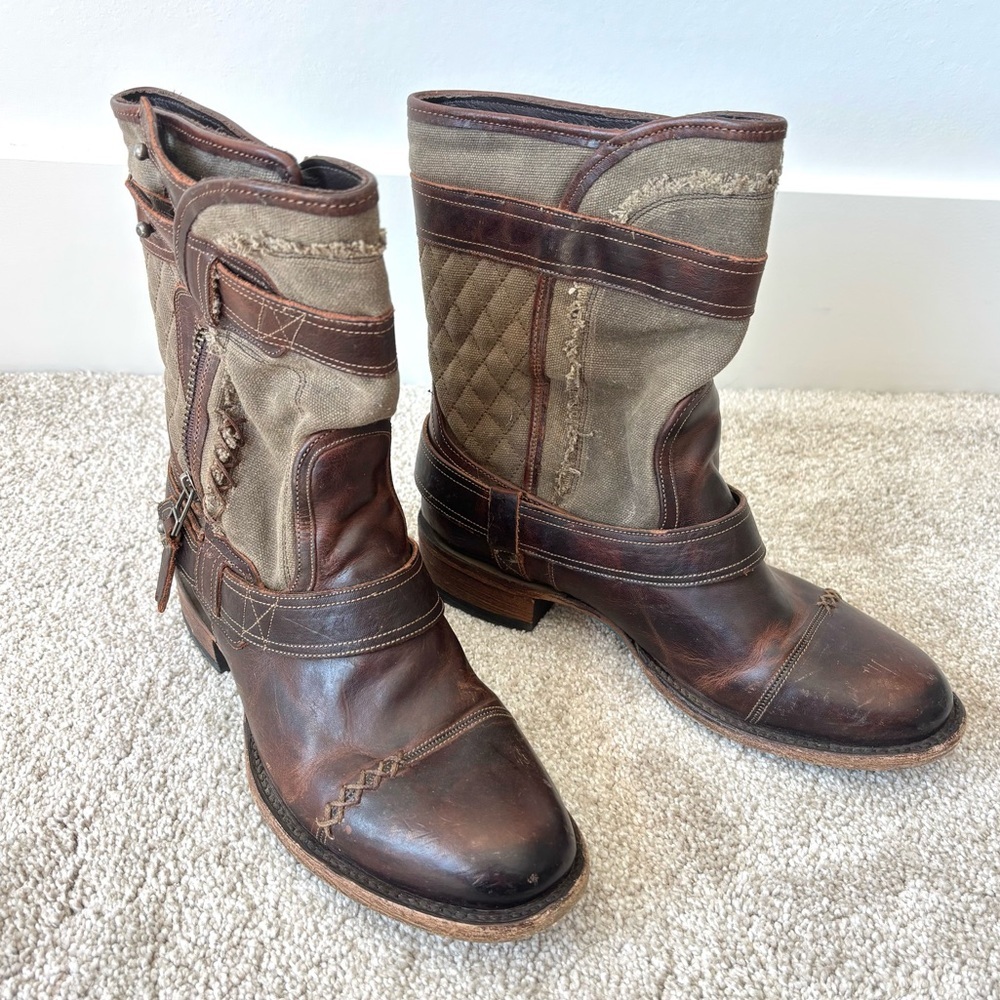 Lane Dustoff Boots Brown Leather Sage Green Western Cowgirl Combat Moto Military